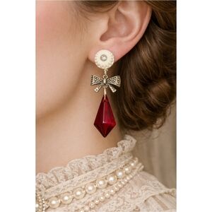 Handmade Edwardian Style Holiday Red Glass Recycled Buttons Bow Earrings